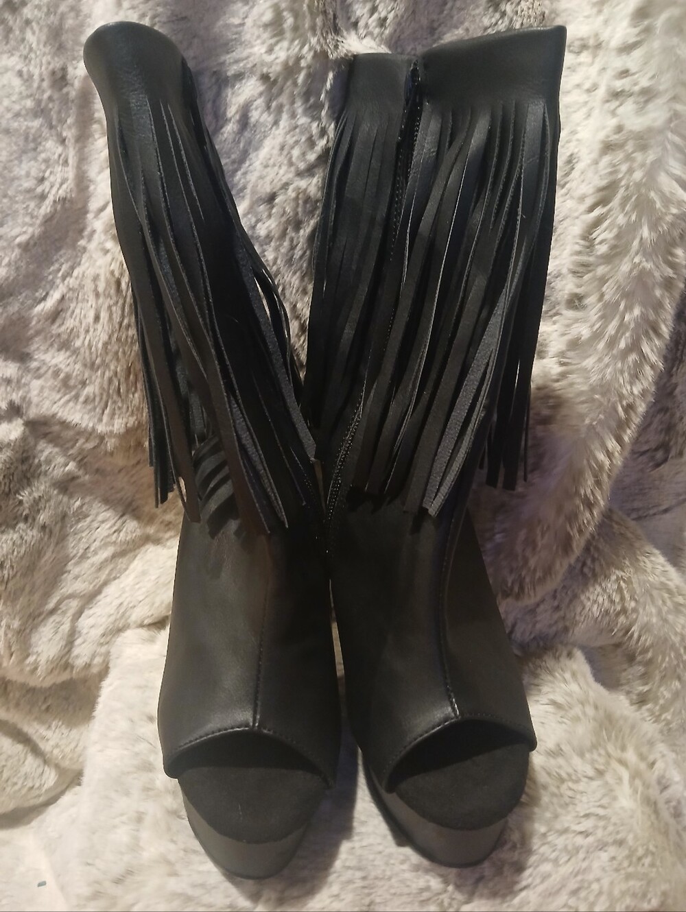 Pleaser Black Fringe Platform Peep-Toe Heels - Picture 2 of 3